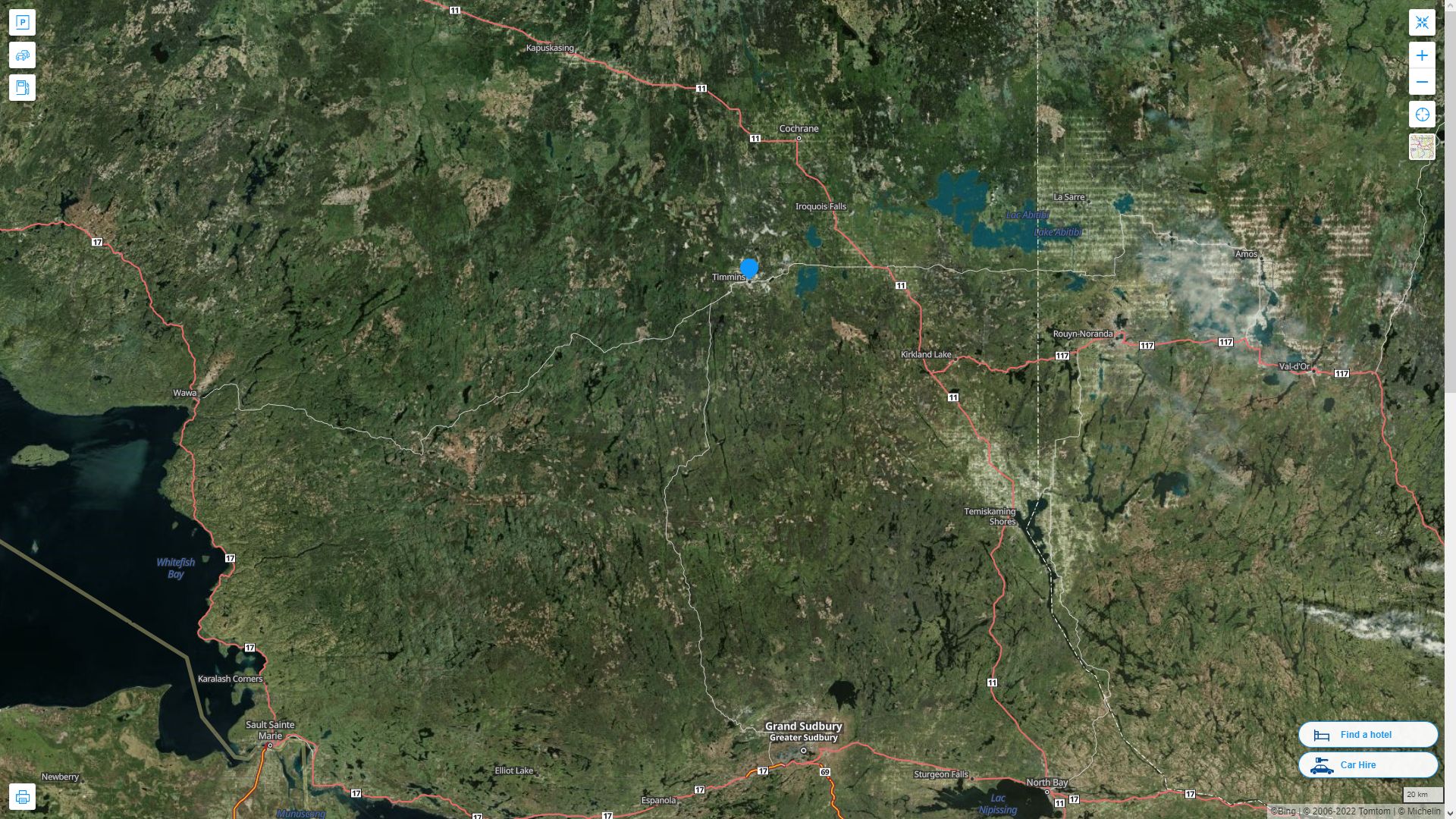 Timmins Canada Autoroute et carte routiere avec vue satellite